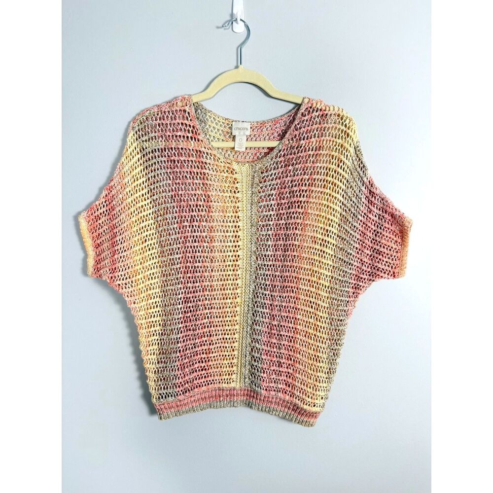 Chico’s Ombre Cotton Knit Batwing Sweater Top Coral Cream Open Weave Size 0 S